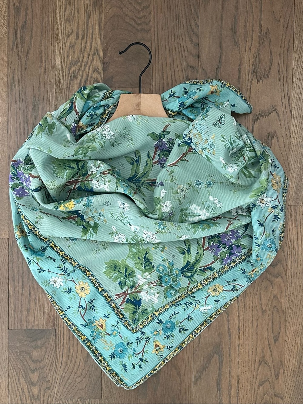 Vintage Floral Print Lightweight Cotton Voile Square Scarf in Mint Green 40"sq